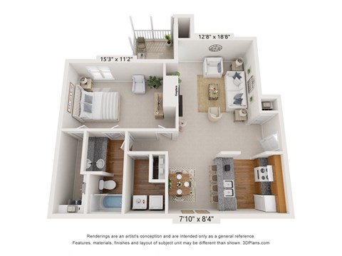 Floor plan for 1 bed, 1 bath, 830 sqft